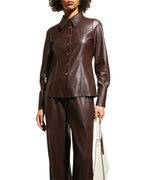 Women's Classic Coffee Brown Leather Shirt with Elegant Design