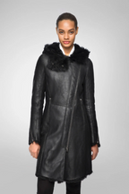 Women's Black Fur Shearling Parka Leather Coat