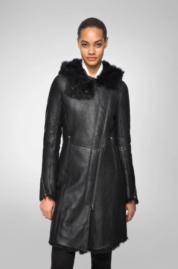 Women's Black Fur Shearling Parka Leather Coat