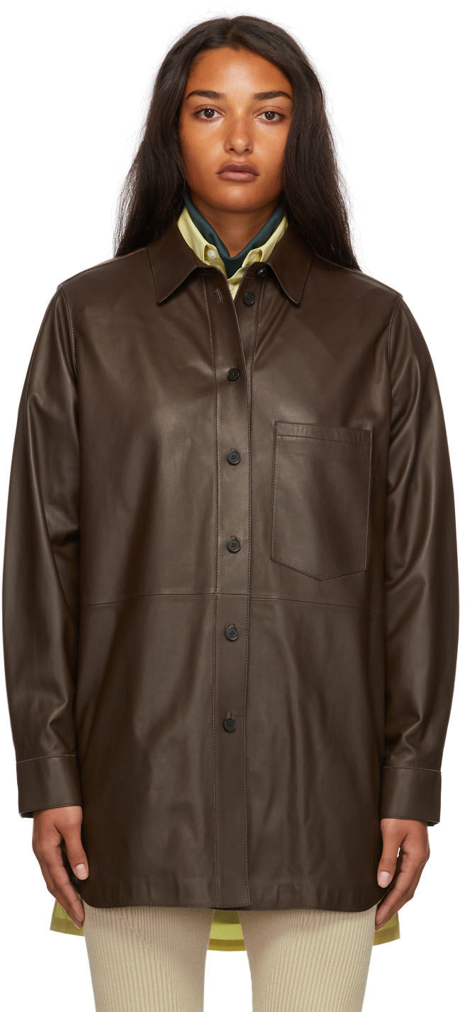 Women's Long Dark Brown Sheepskin Leather Shirt with Classic Fit