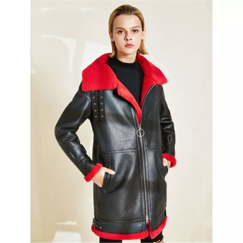 Women's Red Fur Sheepskin Leather Coat with Black Trim