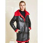 Women's Red Fur Sheepskin Leather Coat with Black Trim