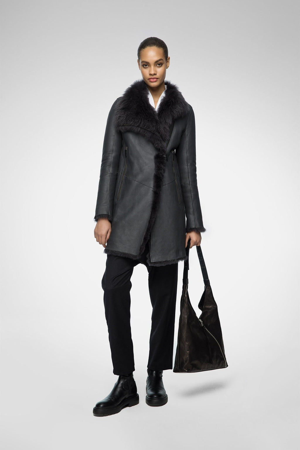 Women's Black Shearling Fur Leather Coat