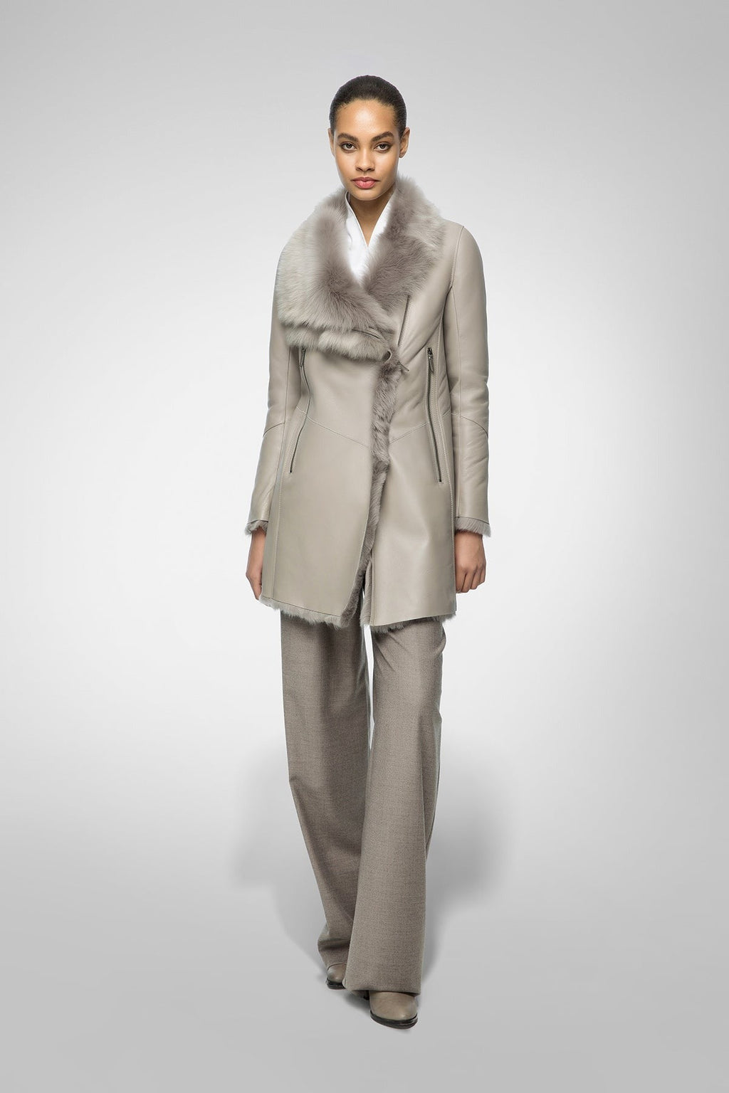 Women's Light Gray Shearling Fur Leather Coat
