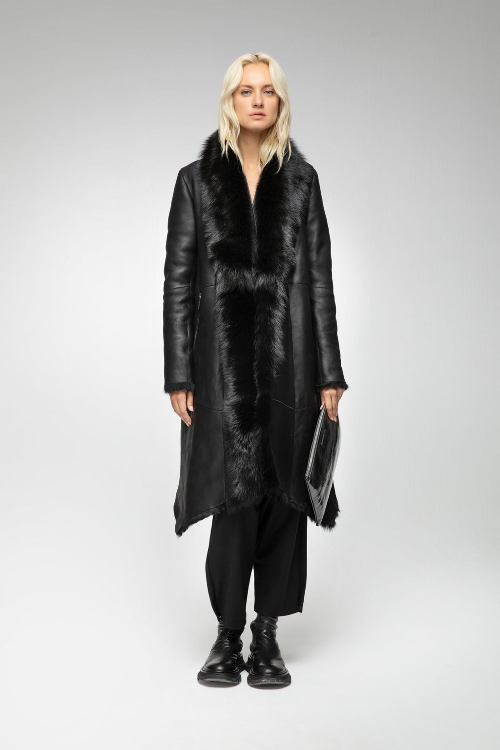 Women's Black Shearling Leather Trench Coat