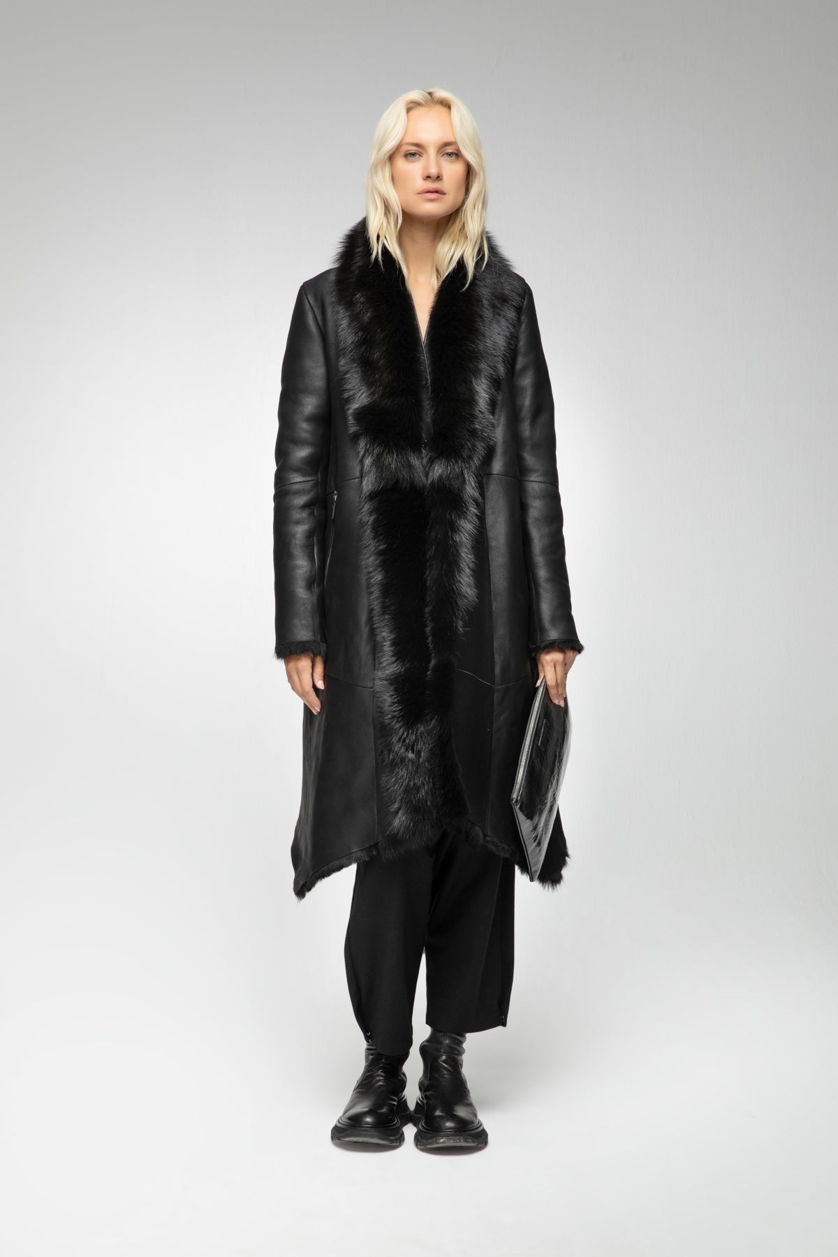 Women's Black Shearling Leather Trench Coat