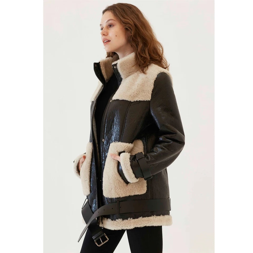 Women's Dark Brown Sheepskin Fur Leather Coat