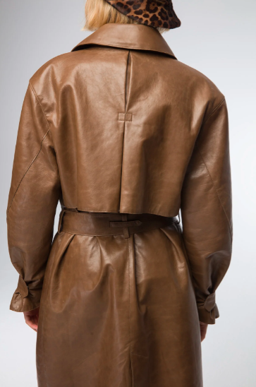 Women's Dark Brown Leather Trench Coat with Belted Waist