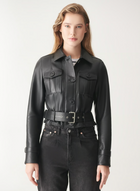 Women's Black Trucker Harrington Leather Jacket with Snap Closure