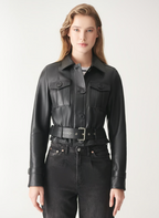 Women's Black Trucker Harrington Leather Jacket with Snap Closure