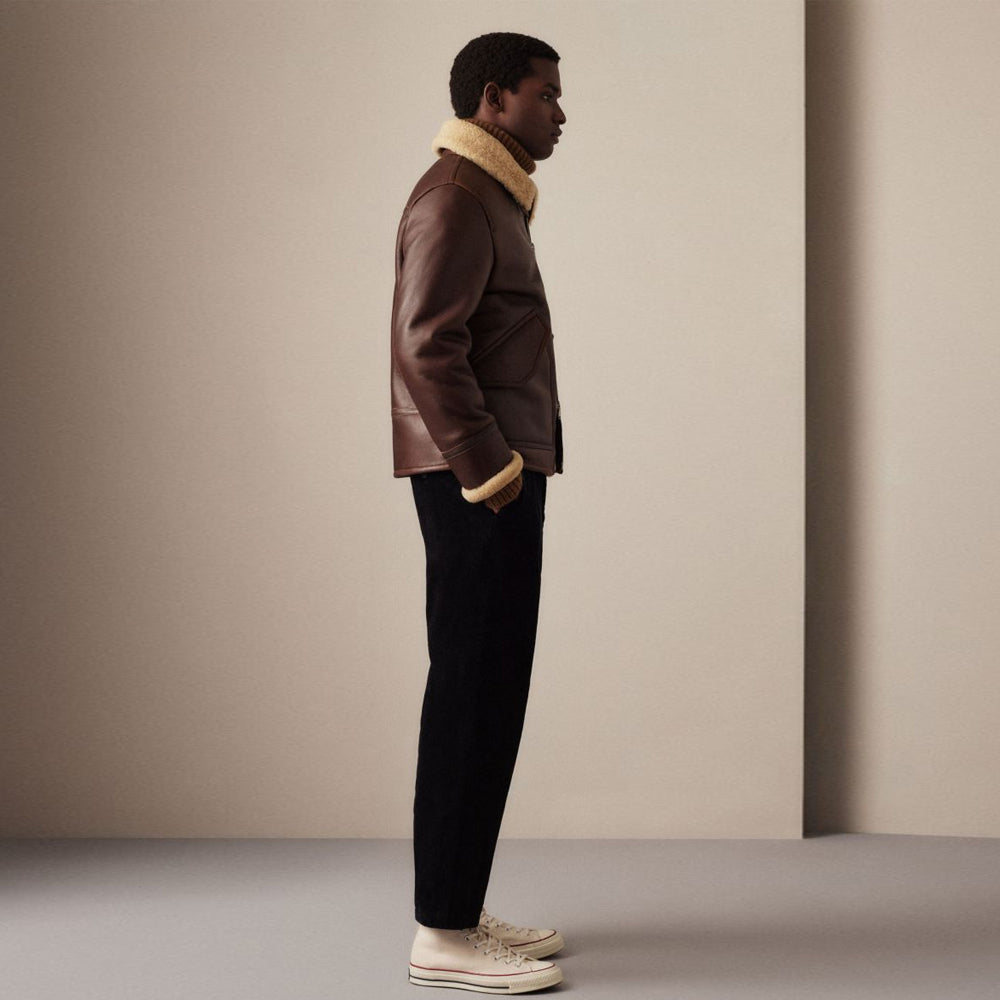 Men's Espresso Brown Double-Face Shearling Aviator Flight Jacket