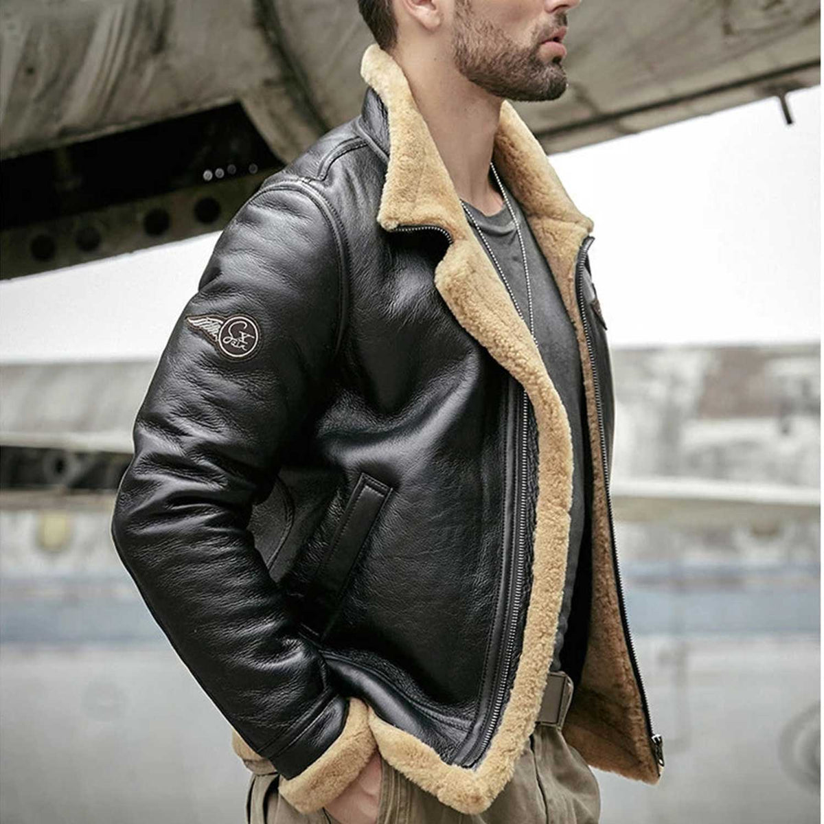 Men's Black RAF Aviator Airforce Sheepskin Shearling Leather Jacket