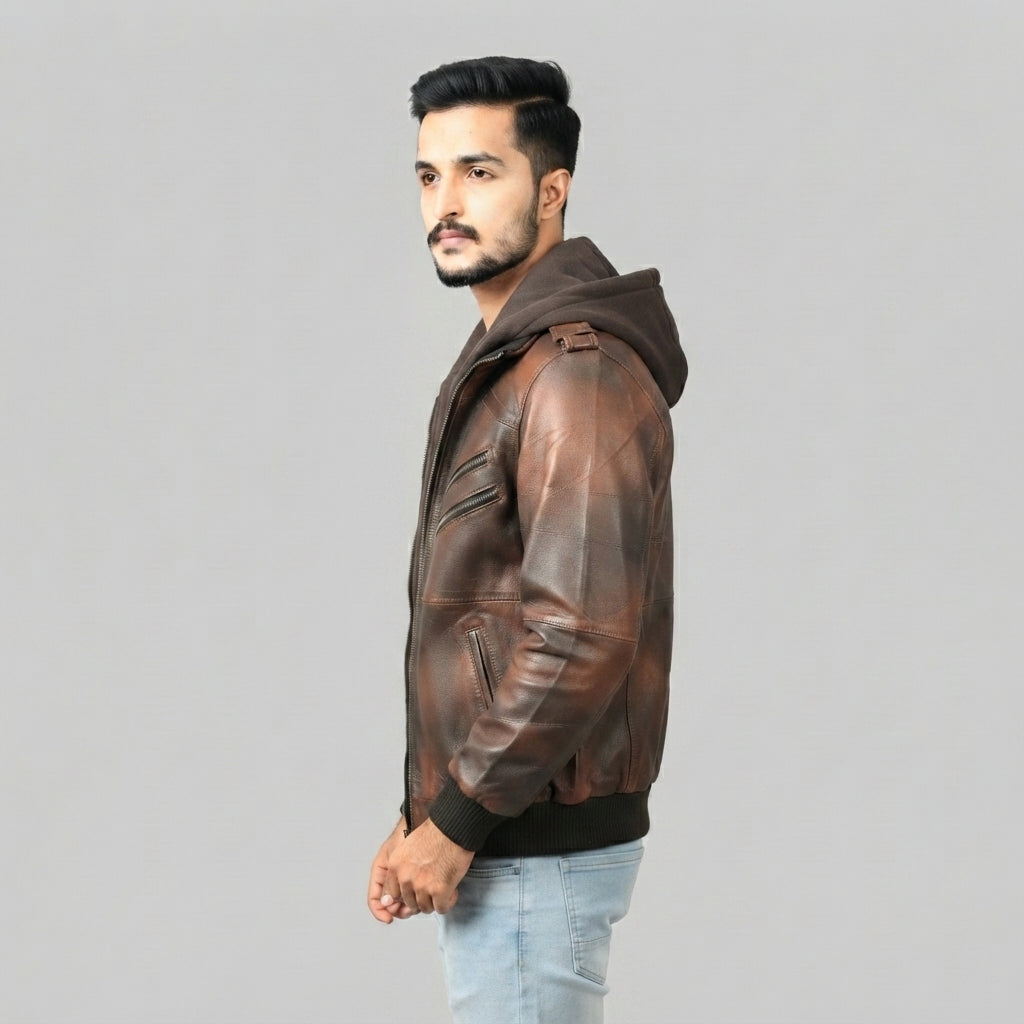 Men's Brown Motorcycle Bomber Leather Jacket - Leather Outlet