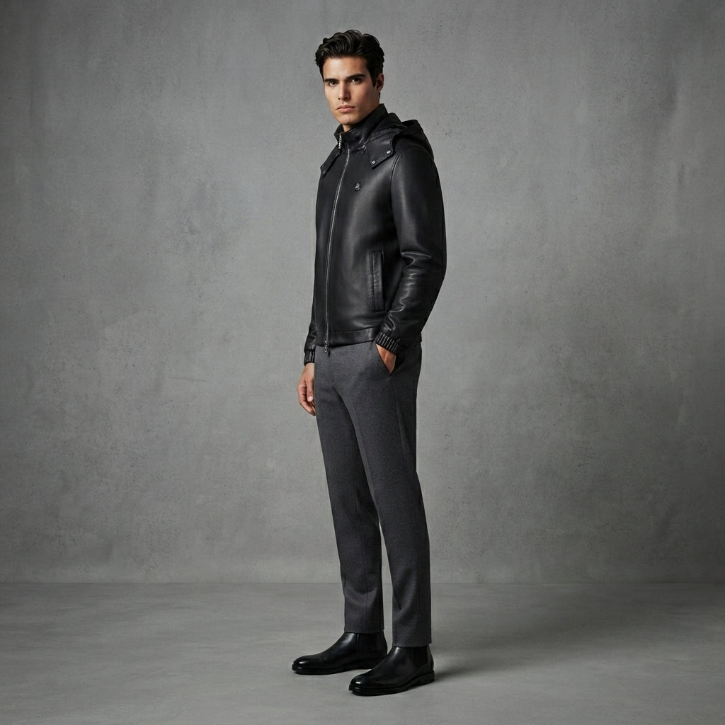Men's Black Hooded Leather Jacket - Leather Outlet