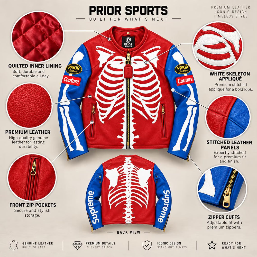 Bone Riot Men’s Red Skeleton Leather Biker Jacket