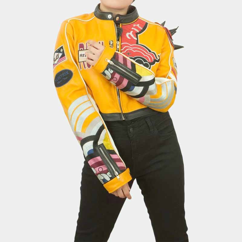 Unisex Yellow Genuine Sheepskin Leather Slay Inspired Jacket with Embroidered Patches