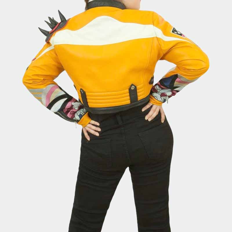 Unisex Yellow Genuine Sheepskin Leather Slay Inspired Jacket with Embroidered Patches