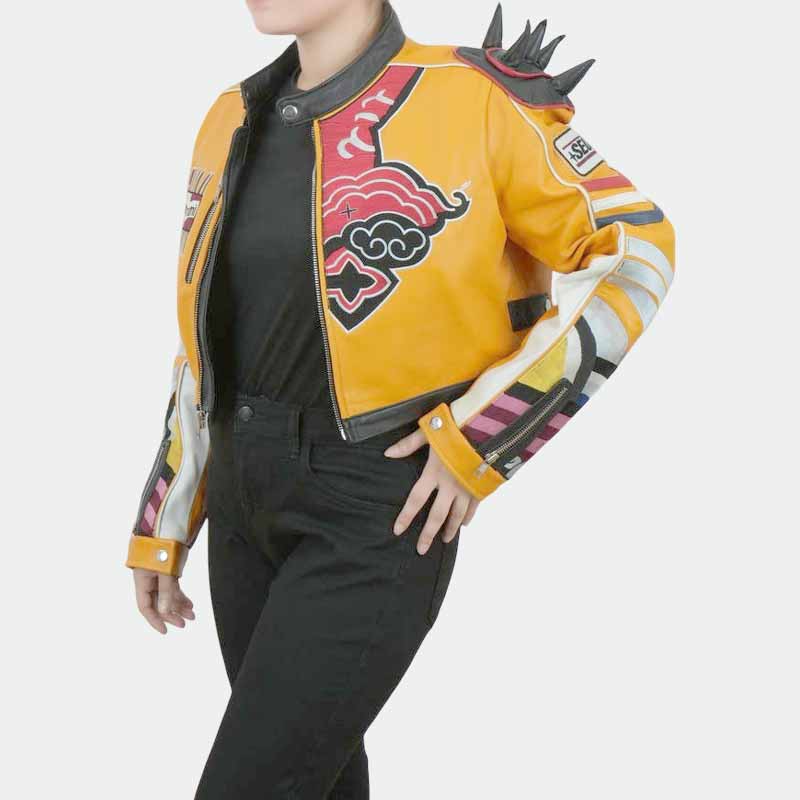 Unisex Yellow Genuine Sheepskin Leather Slay Inspired Jacket with Embroidered Patches