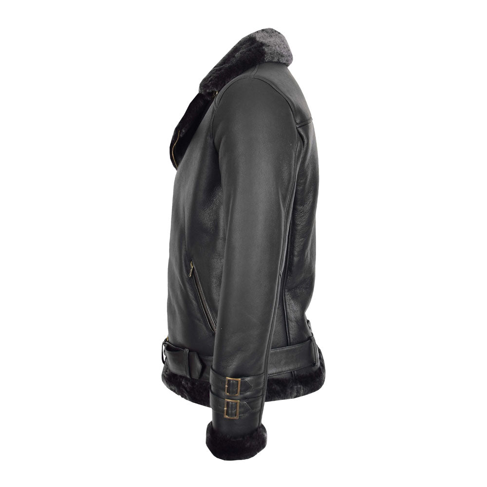 Smooth Black Asymmetric Shearling Belted Leather Biker Jacket