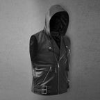 Men's Black Asymmetrical Biker MC Club Leather Hooded Vest