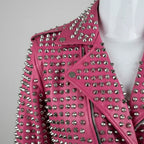 Pink Studded Biker Leather Jacket for Women