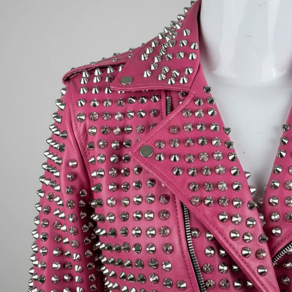 Pink Studded Biker Leather Jacket for Women