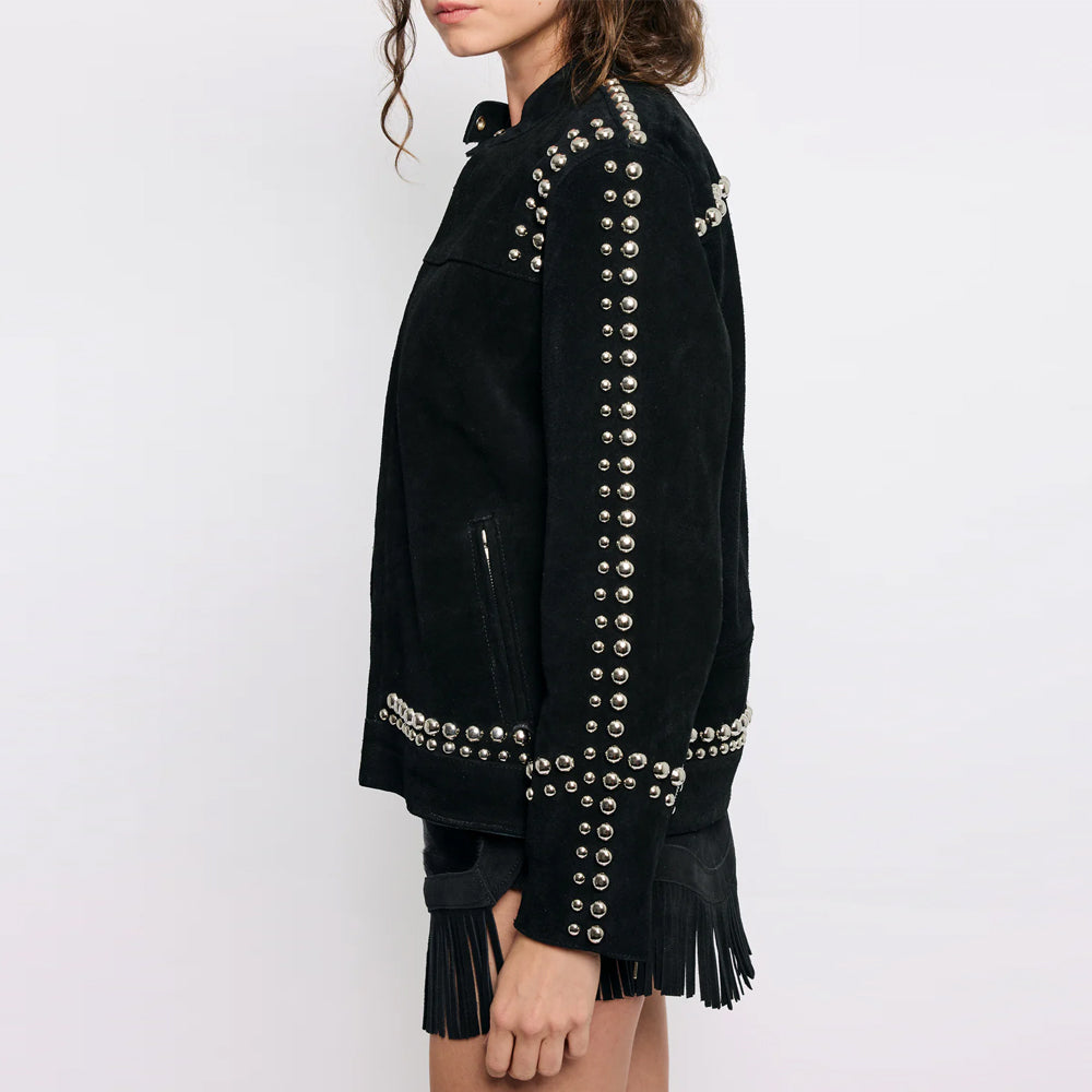 Premium Women’s Black Suede Studded Looker Jacket | Oversized Racer Leather Coat