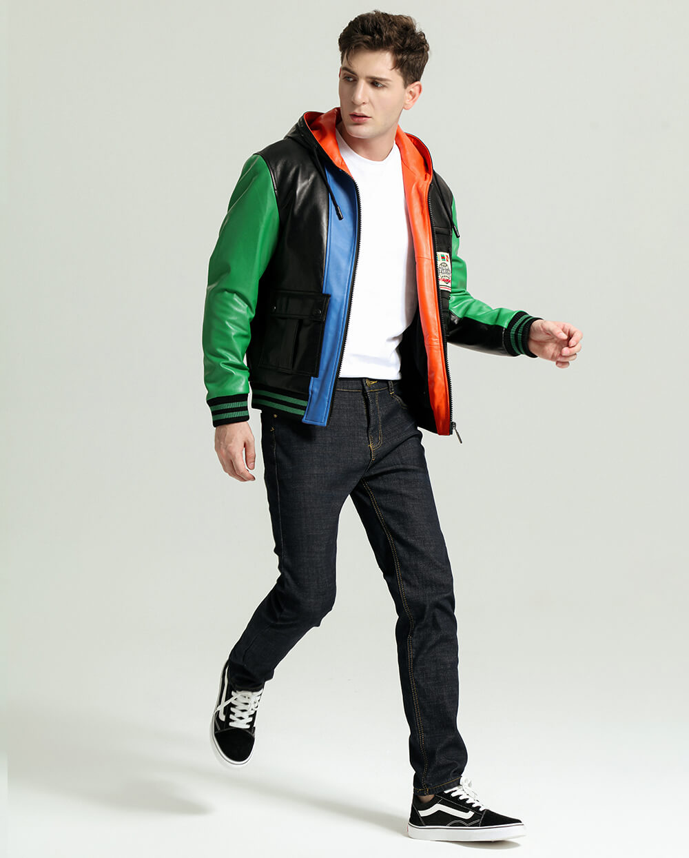 Multi Color Hooded Sheepskin Leather Jacket