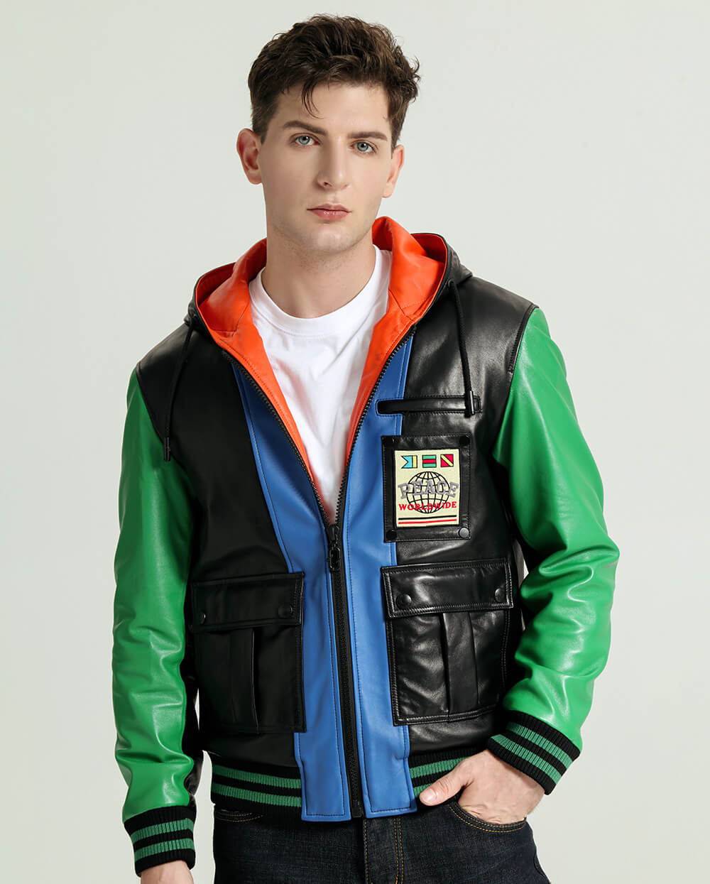 Multi Color Hooded Sheepskin Leather Jacket