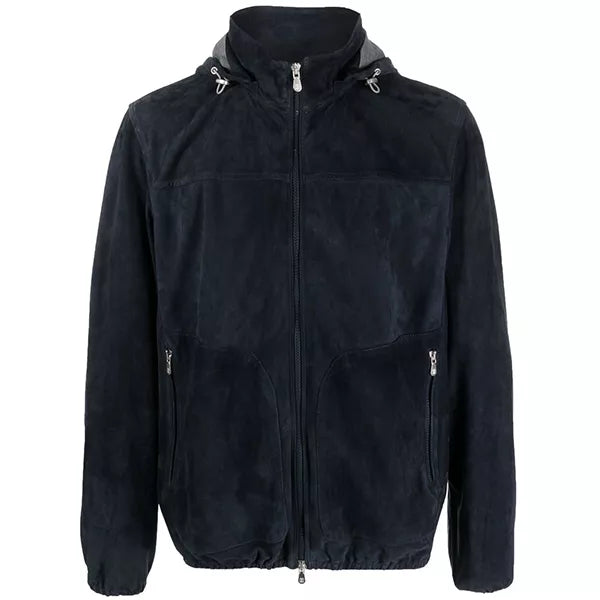 Mens Navy Blue Suede Leather Jacket With Hood