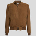 Men Dark Brown Suede Leather Bomber Jacket