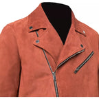 Mens Orange Suede Moto Asymmetrical Collar Jacket