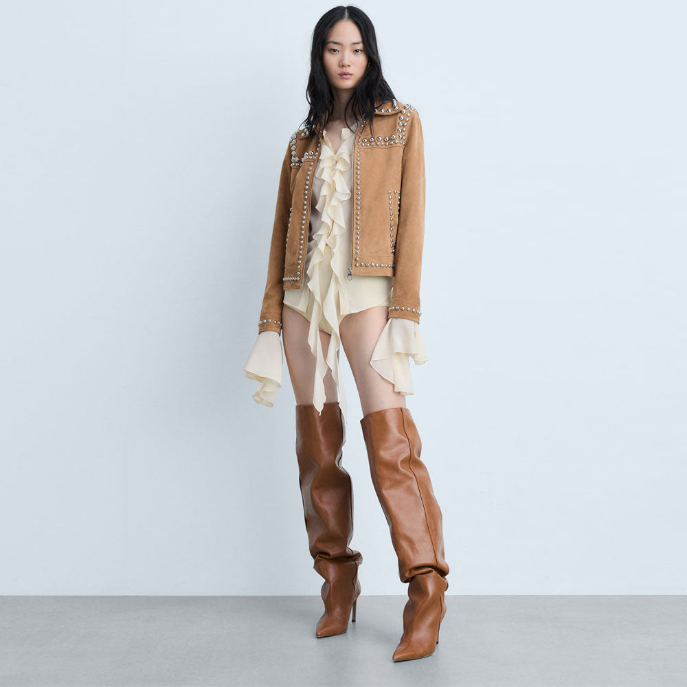 Women's Western-Style Tan Studded Suede Leather Jacket