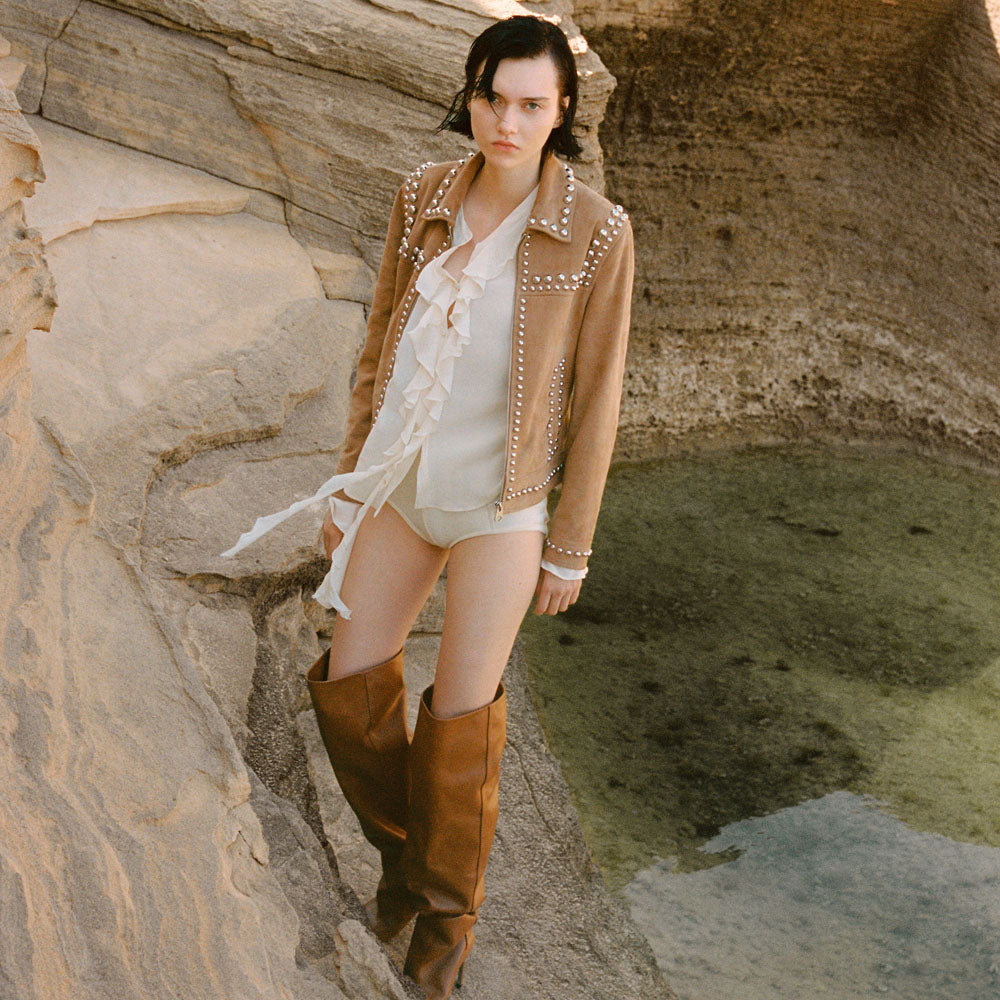 Women's Western-Style Tan Studded Suede Leather Jacket
