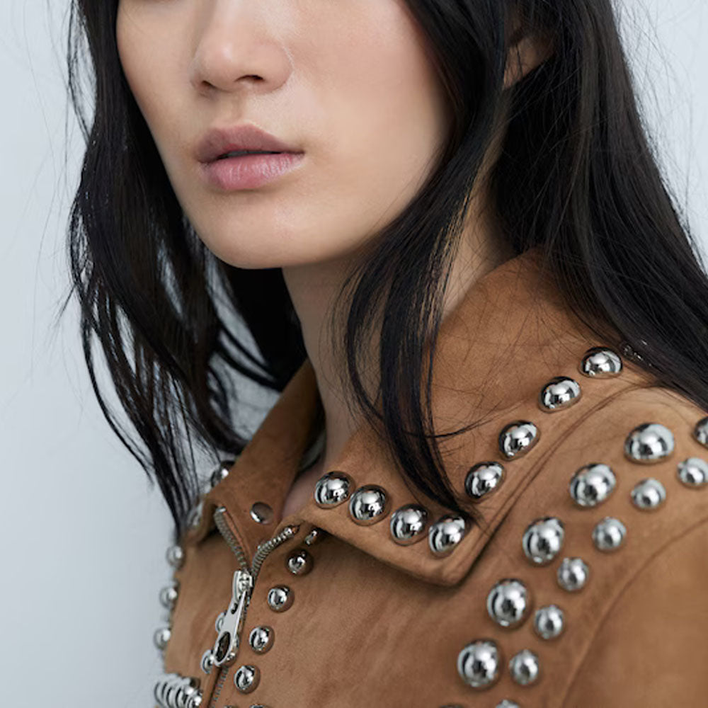 Women's Western-Style Tan Studded Suede Leather Jacket