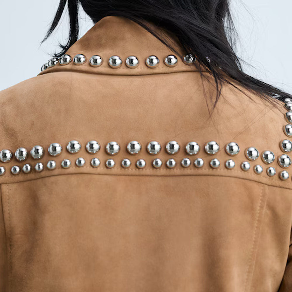 Women's Western-Style Tan Studded Suede Leather Jacket