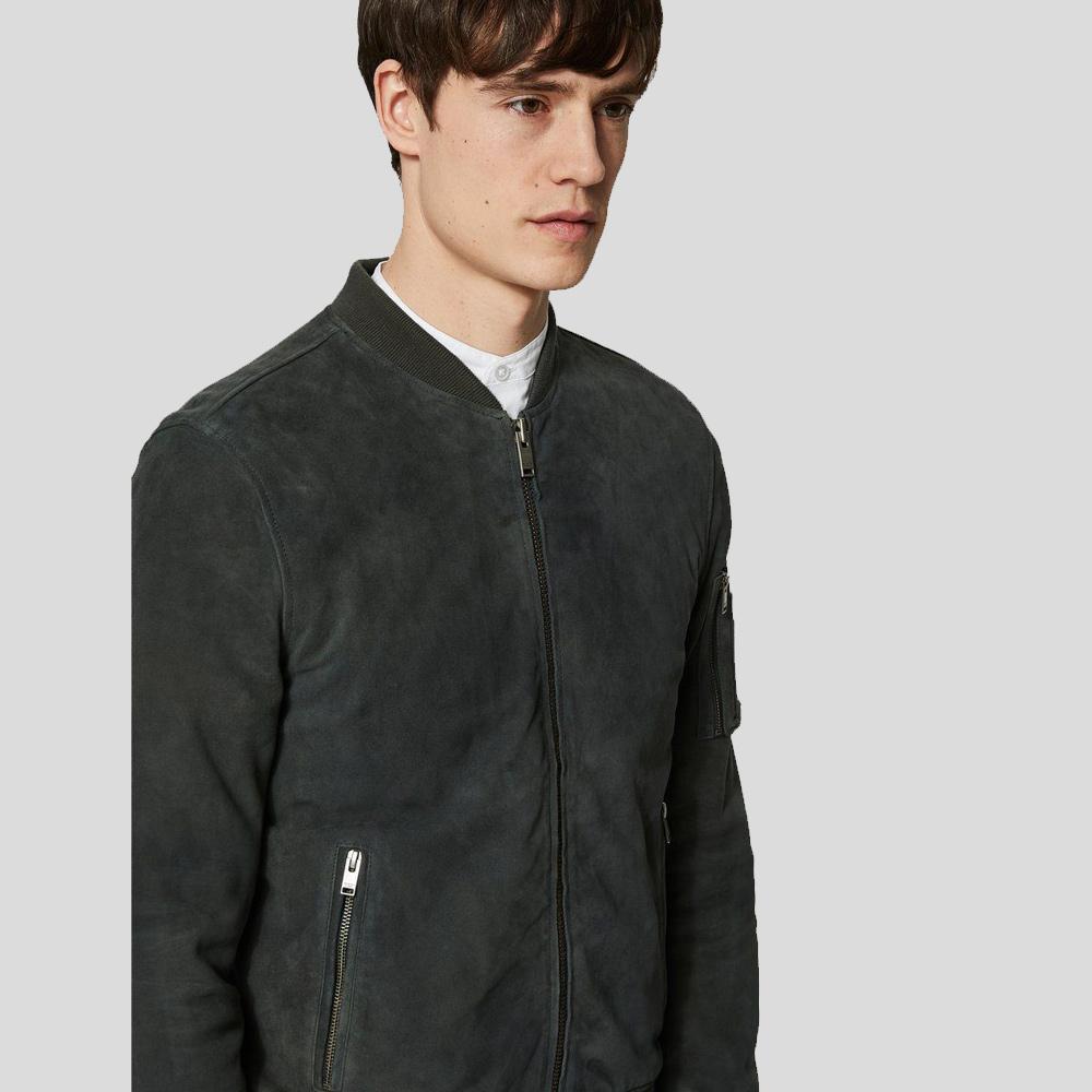 Men's Dark Blue Suede Bomber Leather Jacket