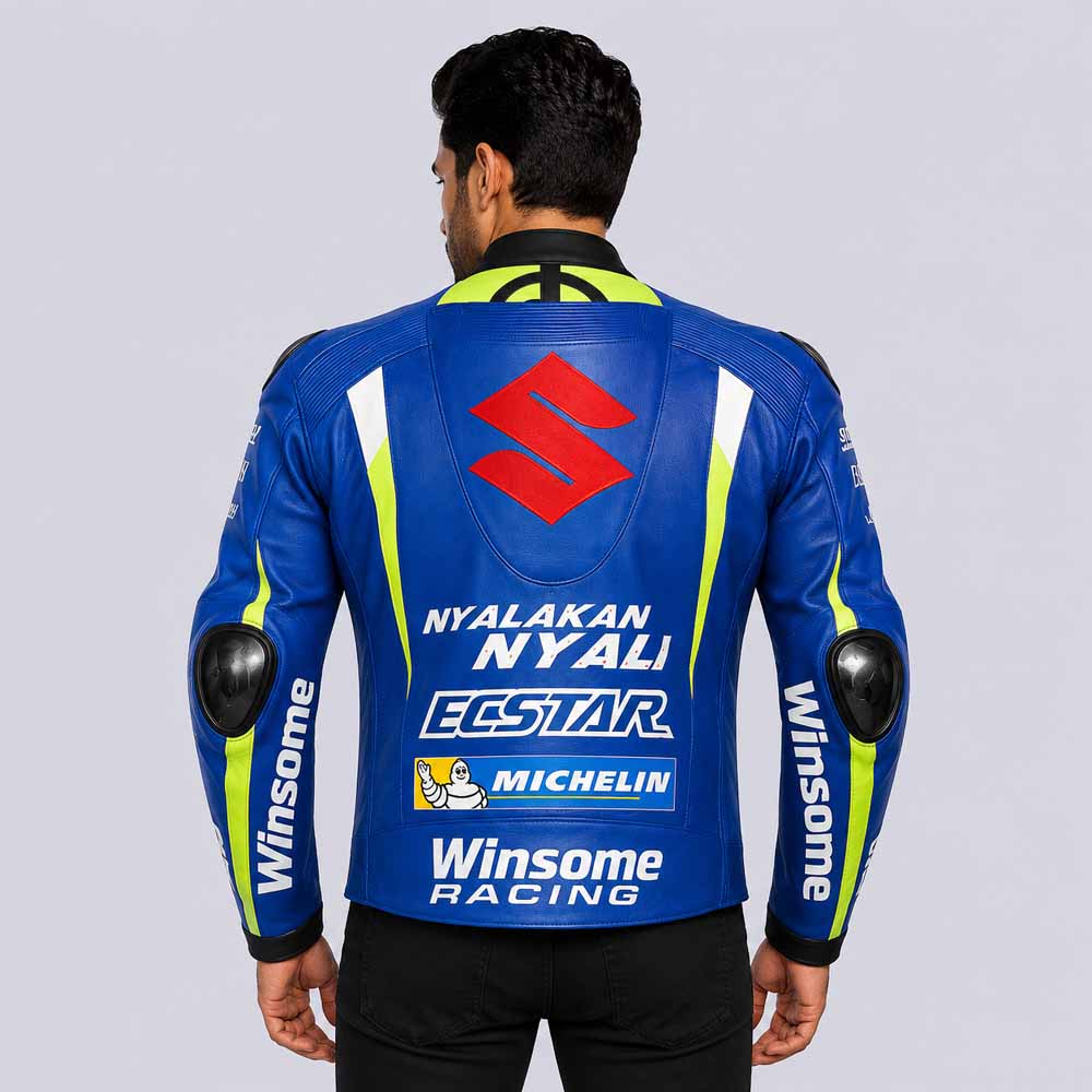 Suzuki ECSTAR Men's Blue Cowhide Leather Racing Jacket with CE Armor