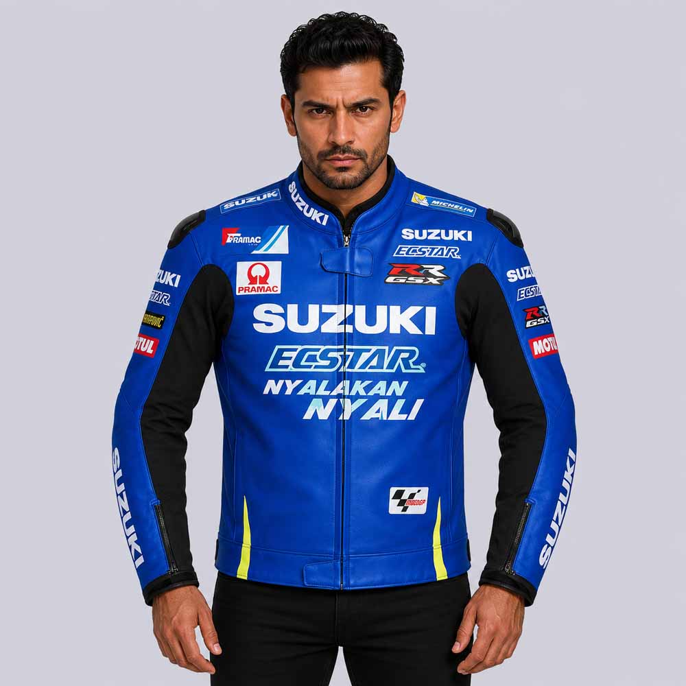 Suzuki ECSTAR Men's Blue Cowhide Leather Racing Jacket with CE Armor
