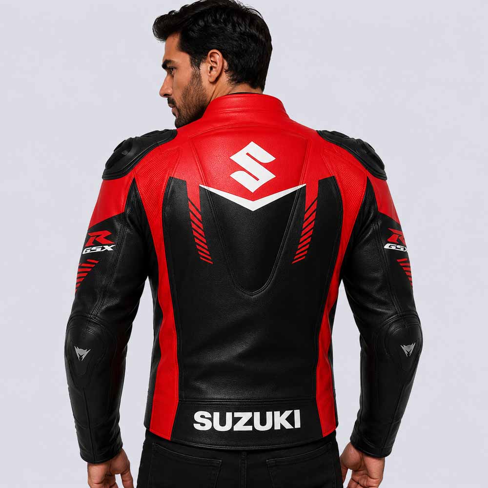 Suzuki GSX R Men's Red Cowhide Leather Racing Jacket with Removable CE Protection