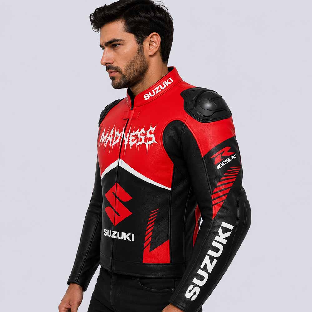 Suzuki GSX R Men's Red Cowhide Leather Racing Jacket with Removable CE Protection