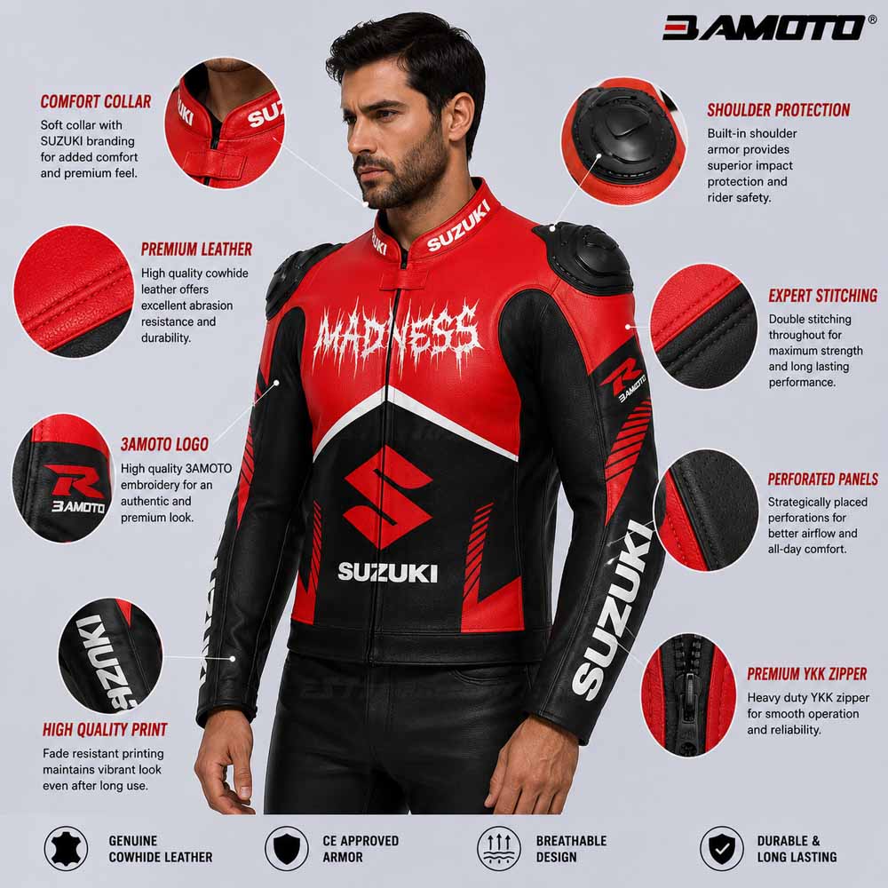Suzuki GSX R Men's Red Cowhide Leather Racing Jacket with Removable CE Protection