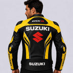 Suzuki GSX R Men's Yellow and Black Genuine Leather Racing Jacket with Shoulder Protection