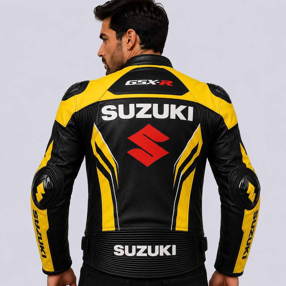 Suzuki GSX R Men's Yellow and Black Genuine Leather Racing Jacket with Shoulder Protection