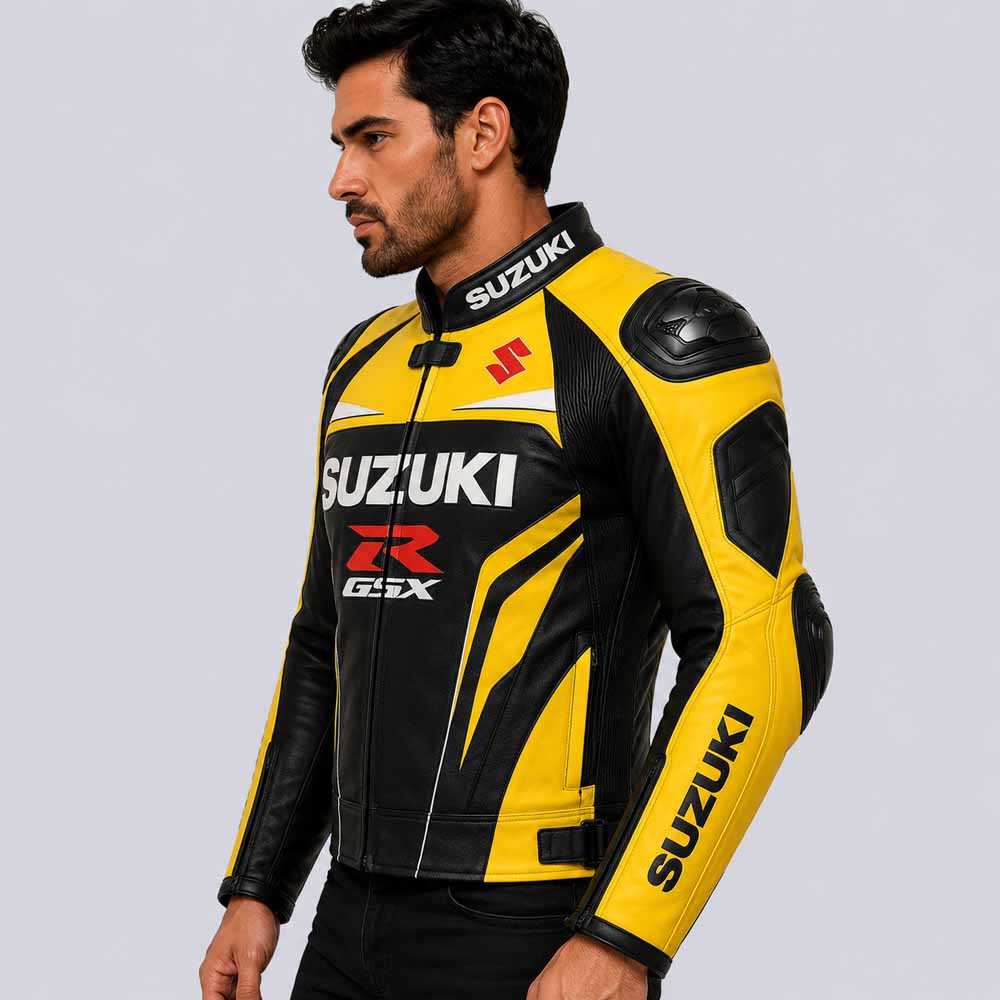 Suzuki GSX R Men's Yellow and Black Genuine Leather Racing Jacket with Shoulder Protection