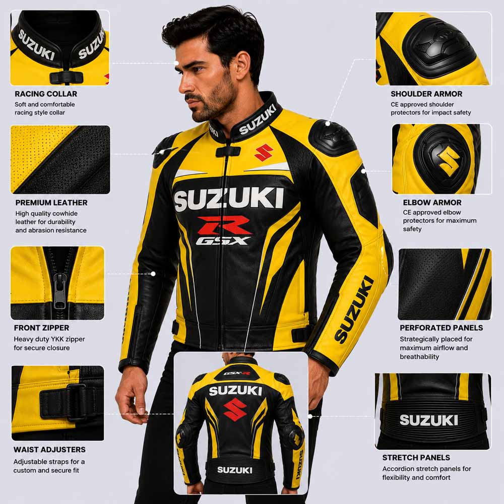 Suzuki GSX R Men's Yellow and Black Genuine Leather Racing Jacket with Shoulder Protection