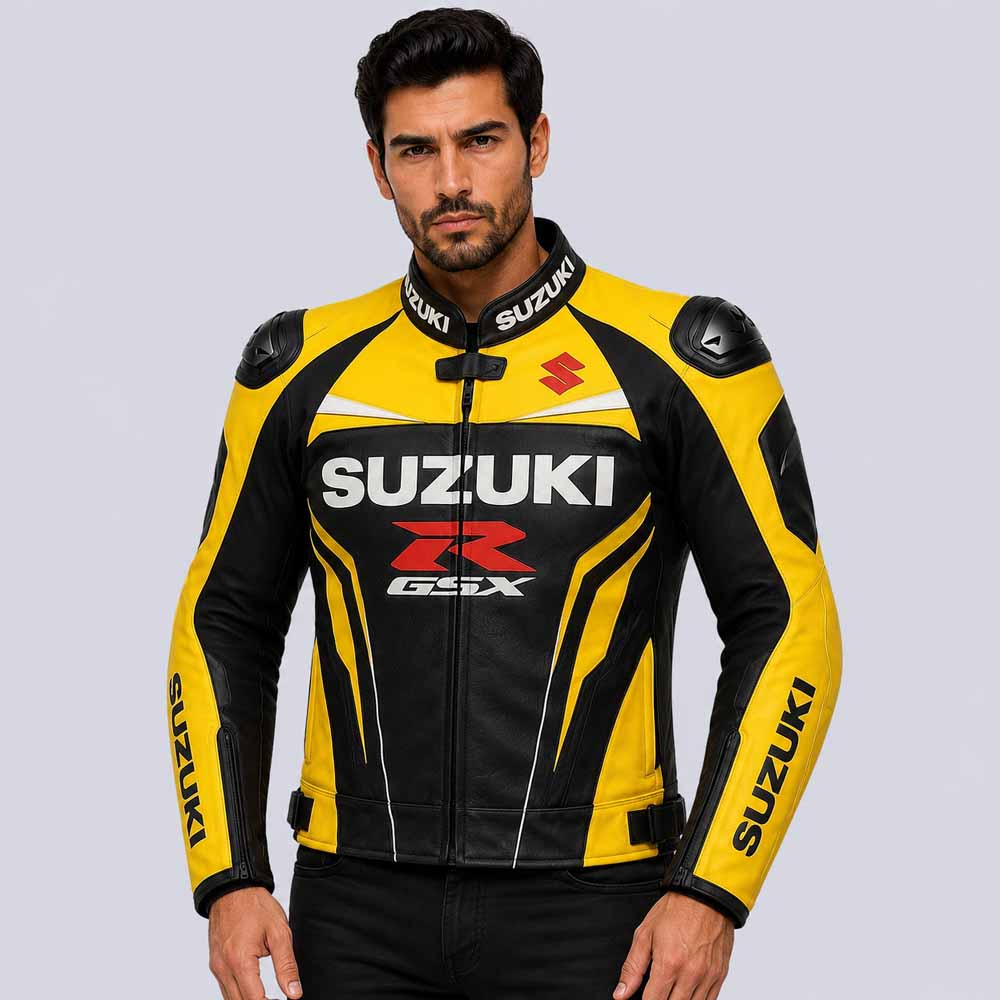Suzuki GSX R Men's Yellow and Black Genuine Leather Racing Jacket with Shoulder Protection