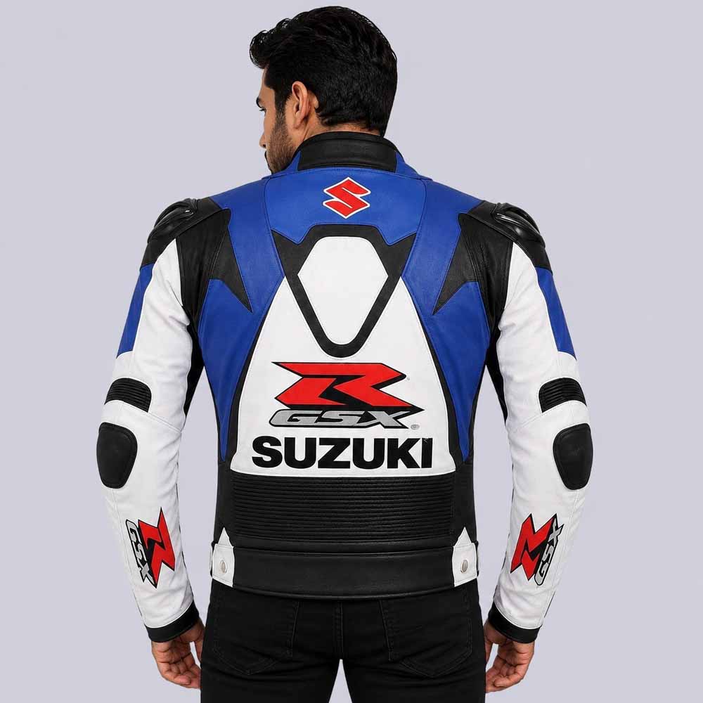 Suzuki GSX R Men's Blue White Black Cowhide Leather Racing Jacket with CE Armor