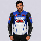 Suzuki GSX R Men's Blue White Black Cowhide Leather Racing Jacket with CE Armor