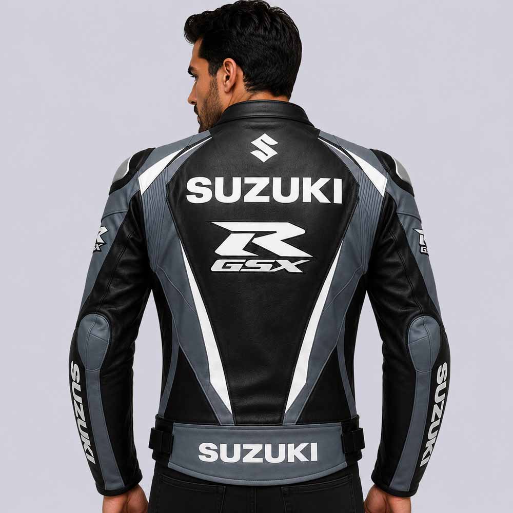 Suzuki GSXR Men's Grey Black Genuine Leather Racing Jacket with Rider Fit